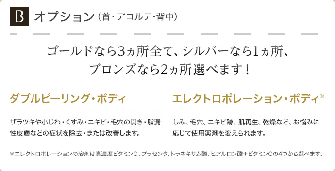 オプション(首・デコルテ･背中) ゴールドなら3ヵ所全て、シルバーなら1ヵ所、ブロンズなら2ヵ所選べます！