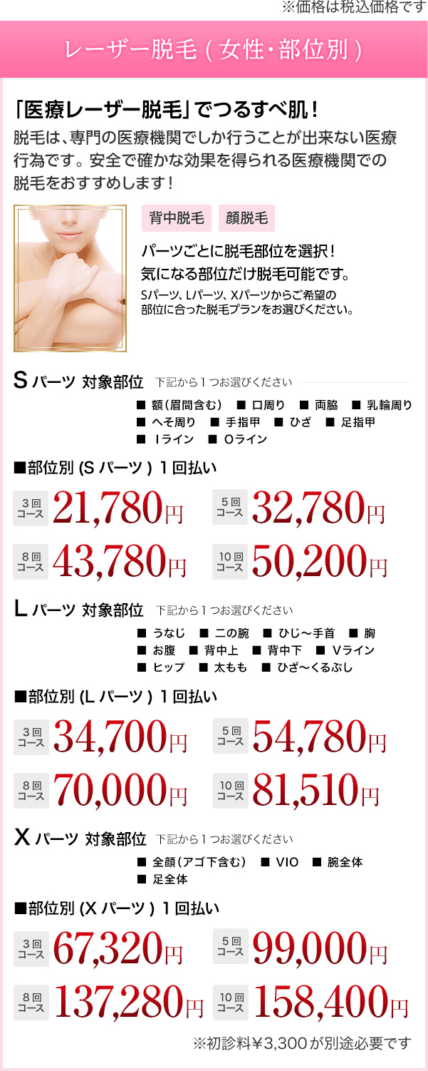 レーザー脱毛(女性・部位別) 安心安全＆効果の高い美肌脱毛