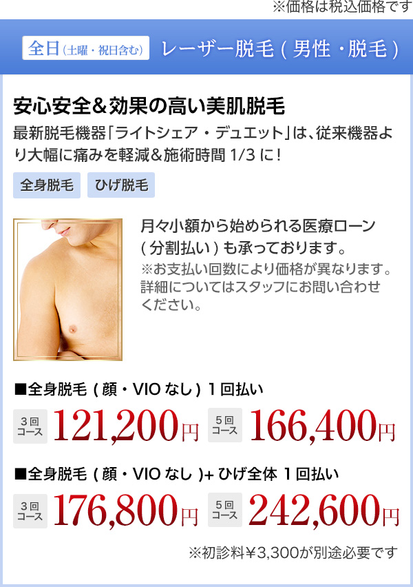 全日 レーザー脱毛(男性・全身脱毛) 安心安全＆効果の高い美肌脱毛