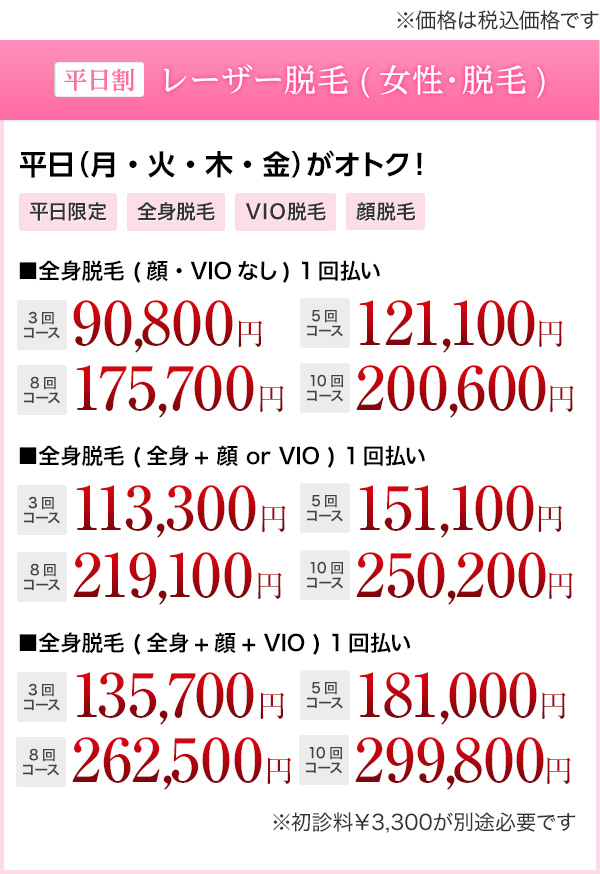 平日割 レーザー脱毛(女性・全身脱毛) 安心安全＆効果の高い美肌脱毛