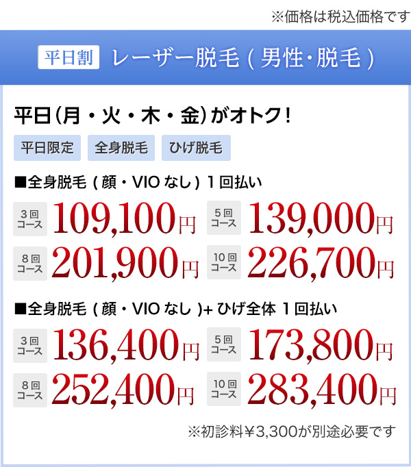 平日割 レーザー脱毛(男性・全身脱毛) 安心安全＆効果の高い美肌脱毛