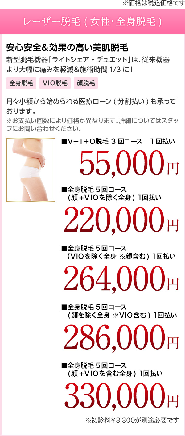 レーザー脱毛(女性・全身脱毛) 安心安全＆効果の高い美肌脱毛