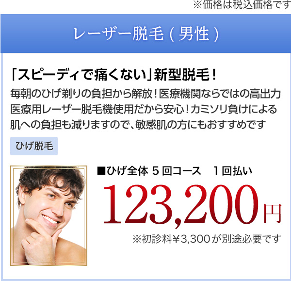 レーザー脱毛(男性) 安心安全＆効果の高い美肌脱毛