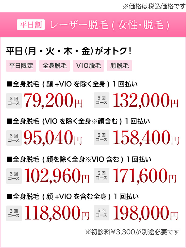 平日割 レーザー脱毛(女性・全身脱毛) 安心安全＆効果の高い美肌脱毛