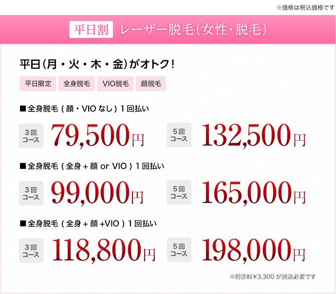平日割 レーザー脱毛(女性・全身脱毛) 安心安全＆効果の高い美肌脱毛