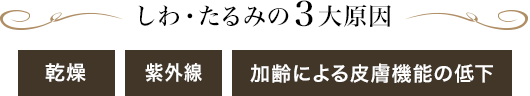 しわ・たるみの3大原因　乾燥　紫外線　加齢による皮膚機能の低下