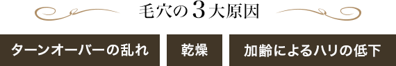 毛穴の3大原因　ターンオーバーの乱れ　乾燥　加齢によるハリの低下